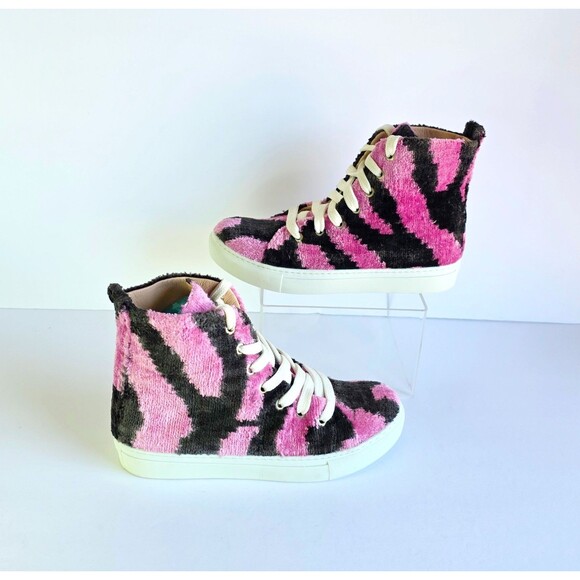 ELYSIAN Emily Morrison Ankara Ikat Silk Velvet High Top Sneakers 38 Pink Black - Picture 5 of 14